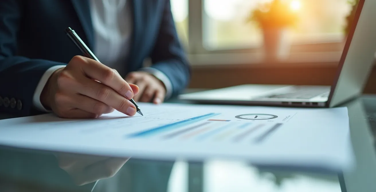 Close-up van een advocaat die geconcentreerd werkt met een klok op de achtergrond