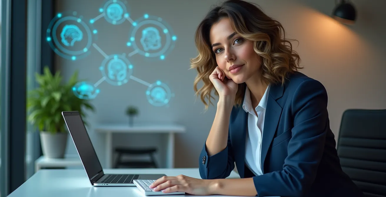 Visualisatie van essentiële AI-vaardigheden voor administratief personeel, met focus op kritisch denken en databewustzijn.