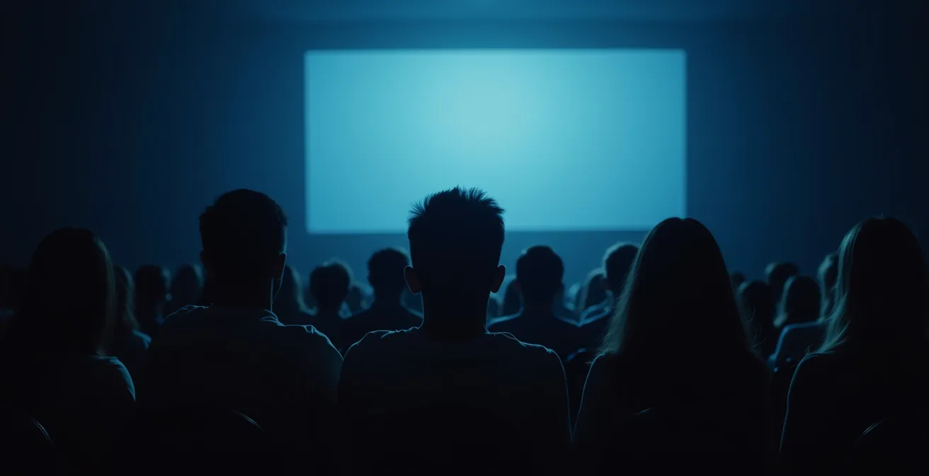 Perspectief vanuit bioscoopstoel naar groot scherm