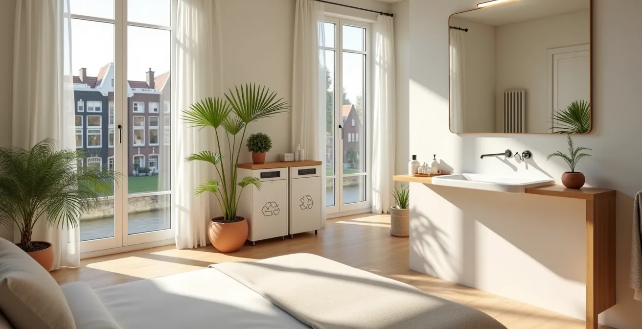 Zero waste hotelkamer met duurzame voorzieningen en afvalscheiding