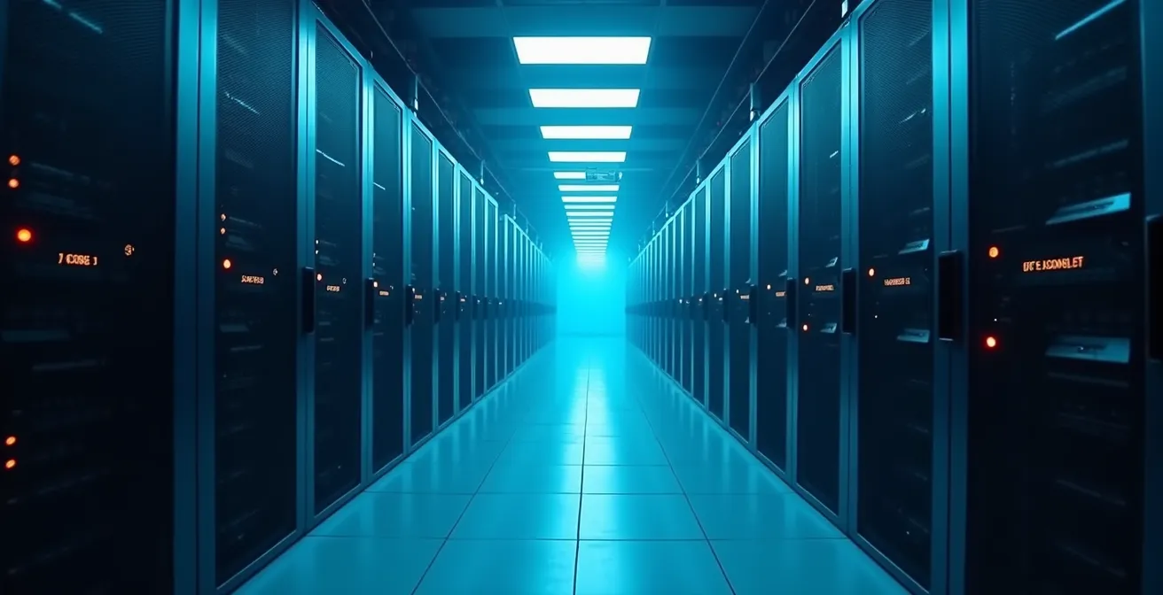 Breed perspectief van modern Nederlands datacenter met rijen servers in soft blauw licht