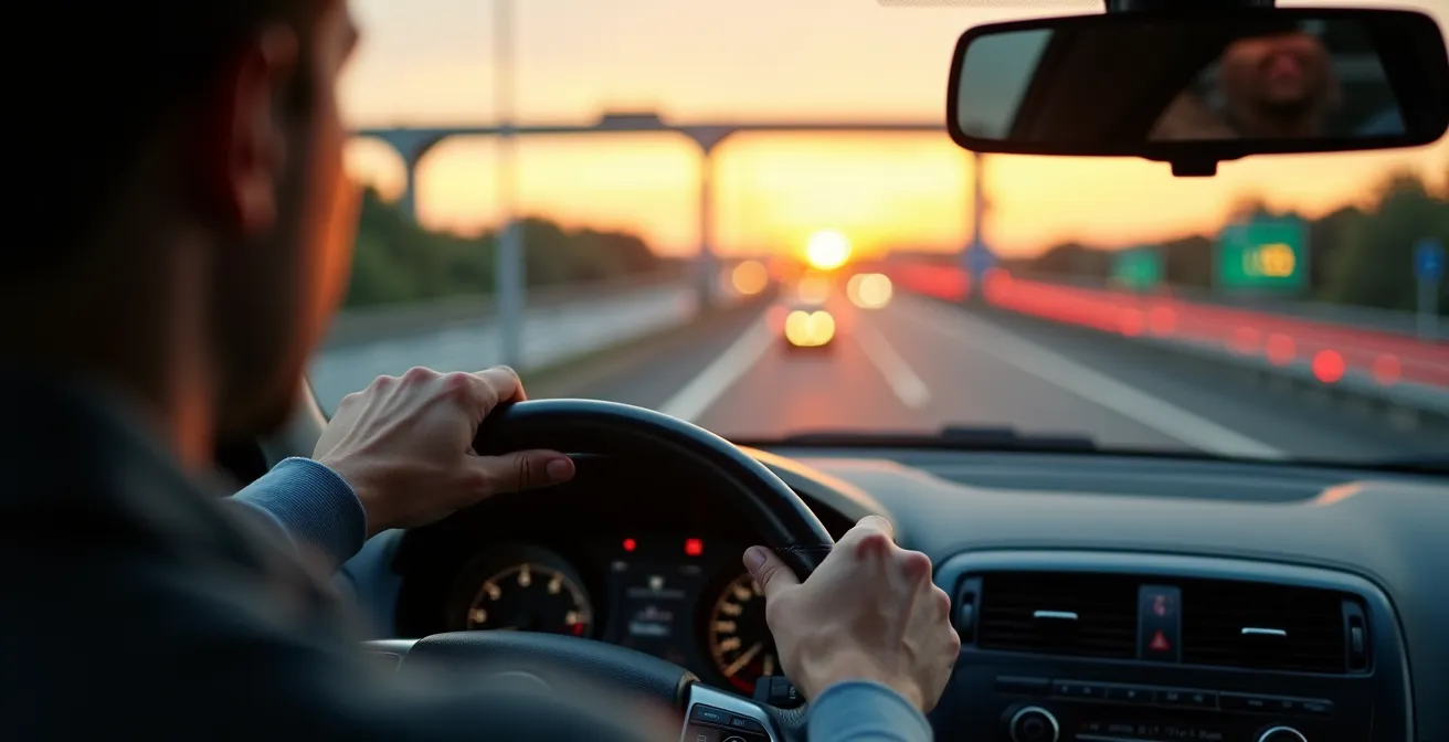 Drukke verkeersknooppunt met meerdere routekeuzes vanuit bestuurder perspectief