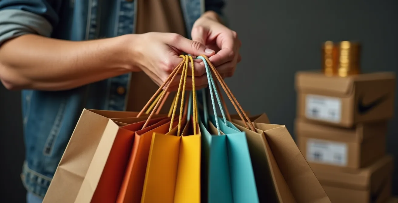 Abstracte visualisatie van impulsaankopen en trendy consumentengedrag