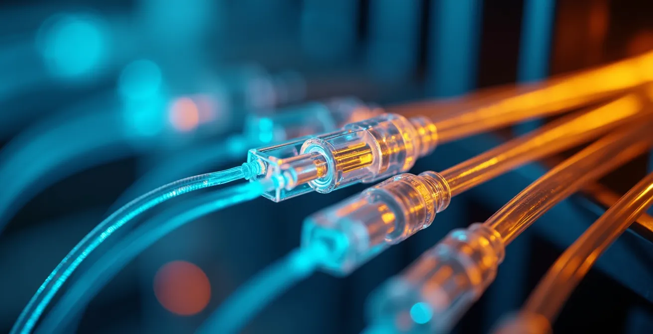 Macro opname van glasvezel kabels met lichtstromen die dataverkeer tussen clouds symboliseren