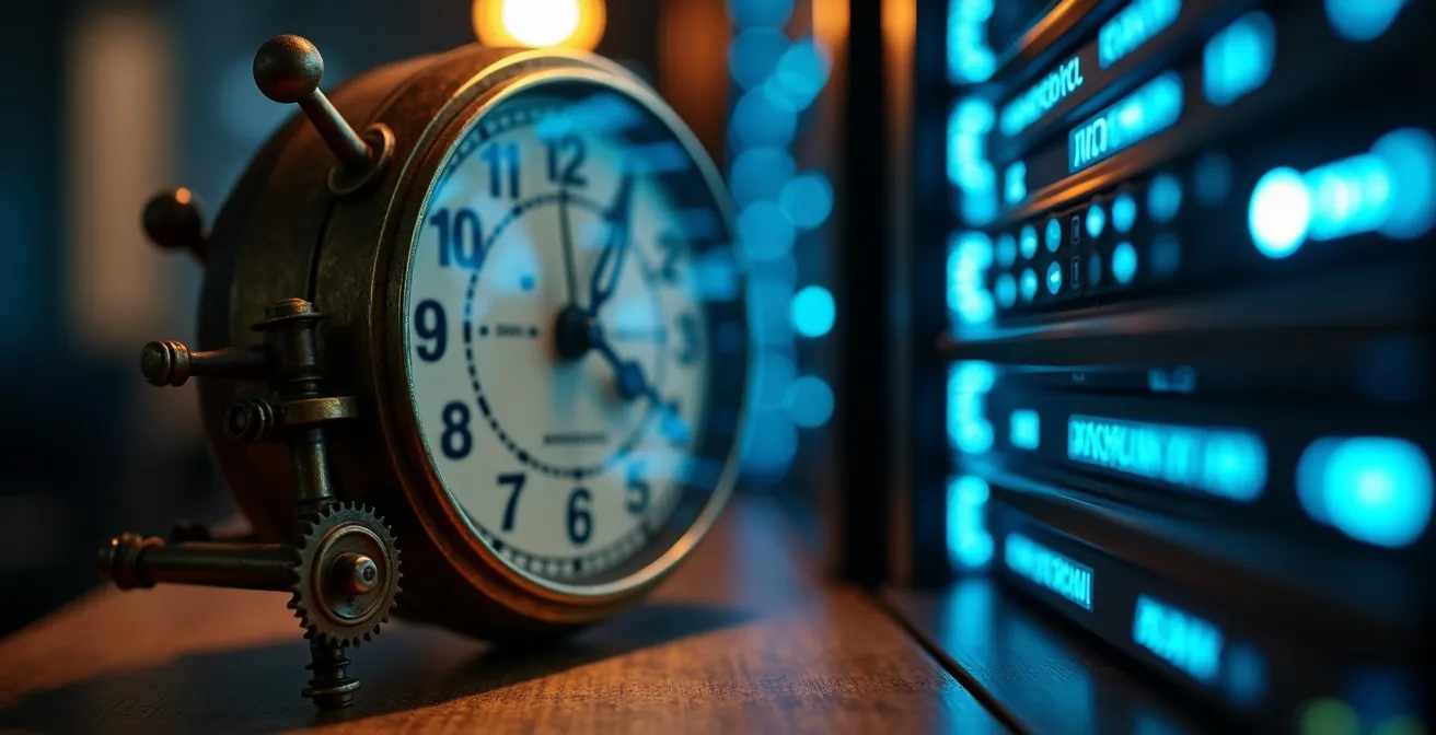 Symbolische weergave van digitale archiefkast met tijdklok in Nederlandse kantooromgeving
