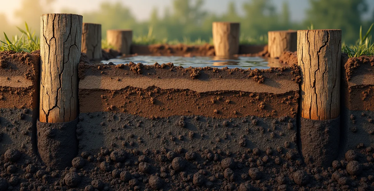 Dwarsdoorsnede toont effect van wisselende grondwaterstand op houten funderingspalen in veengebied