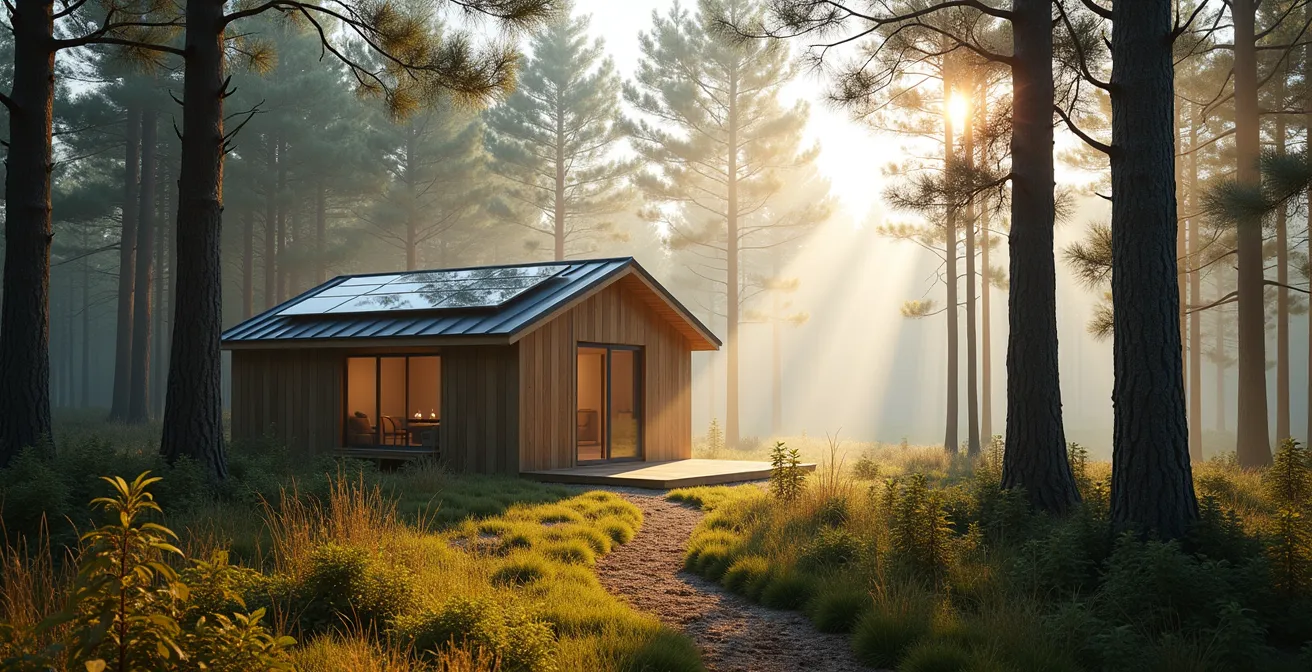 Duurzaam houten natuurhuisje verscholen tussen de bomen op de Veluwe