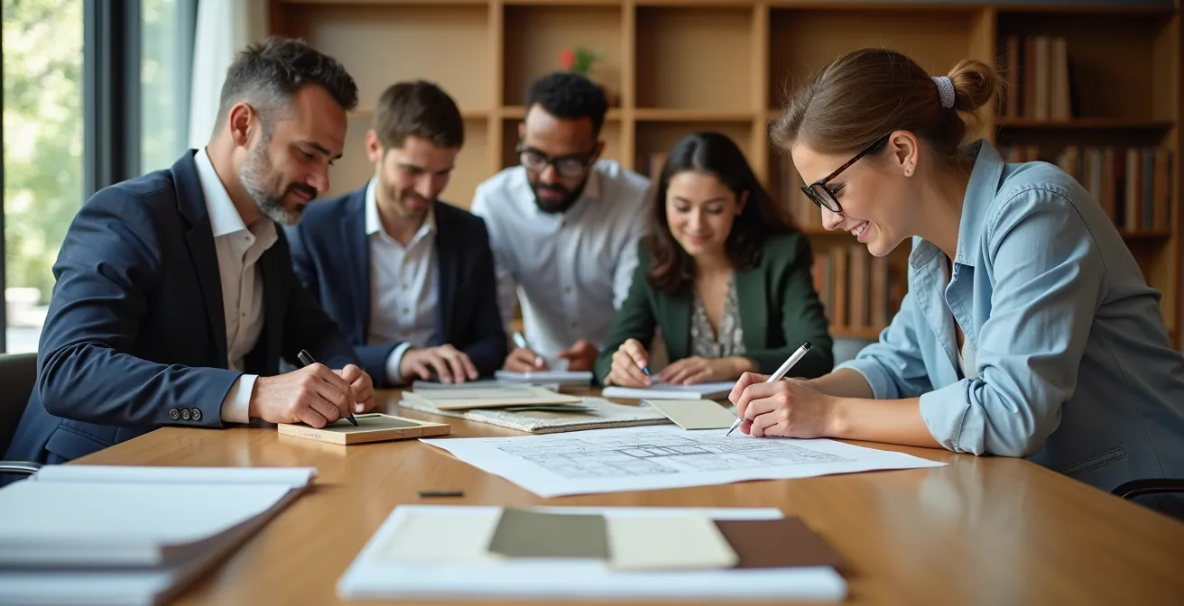 Architectenteam bespreekt duurzame bouwplannen met natuurlijke materialen op tafel