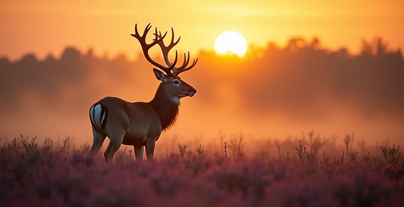 Edelhert in silhouet tijdens gouden zonsopkomst op de Veluwse heide