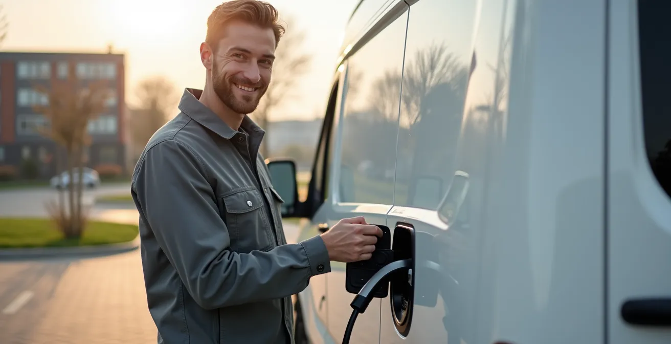 Startende ondernemer bij elektrische bestelbus tijdens opladen