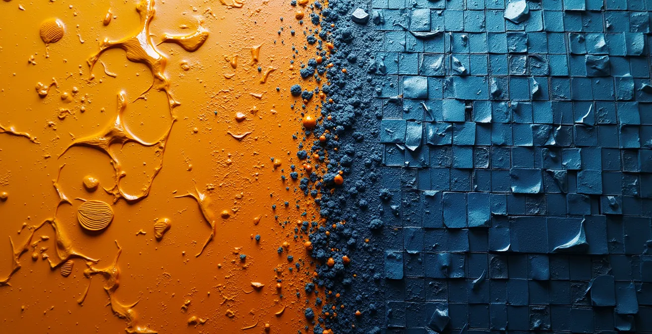 Abstract contrast tussen menselijke warmte en digitale perfectie in kunstcreatie