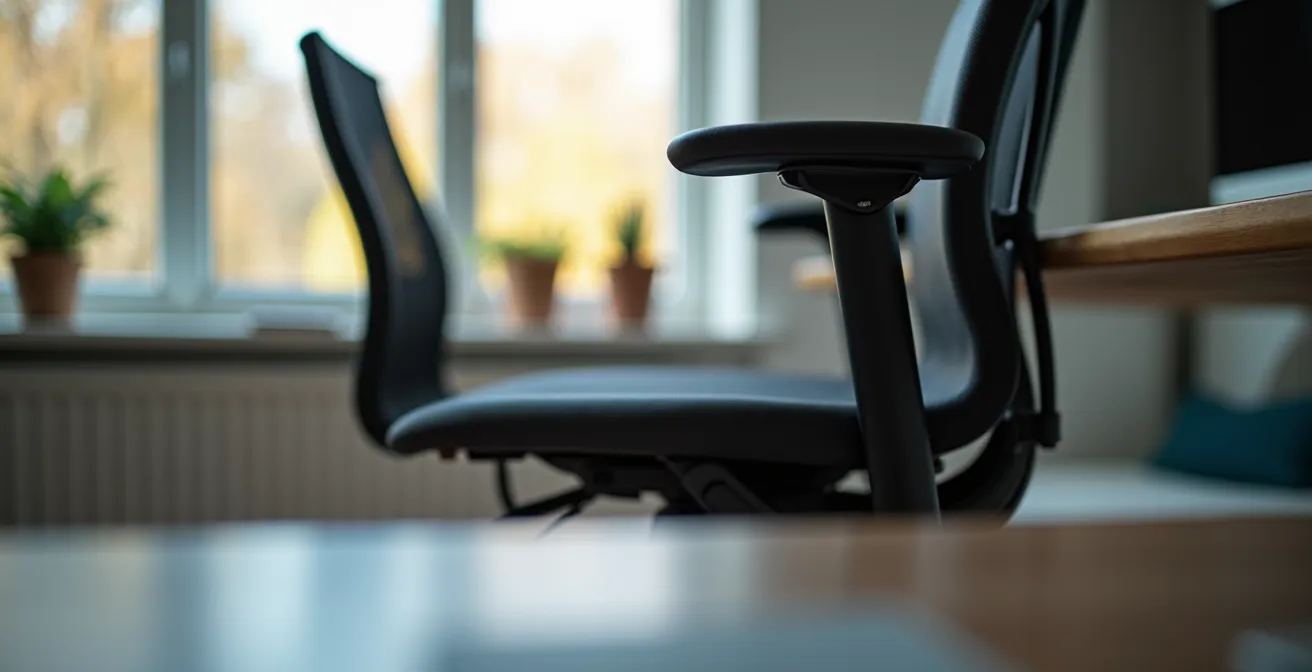 Close-up van een ergonomisch ingerichte thuiswerkplek met verstelbaar bureau en professionele bureaustoel