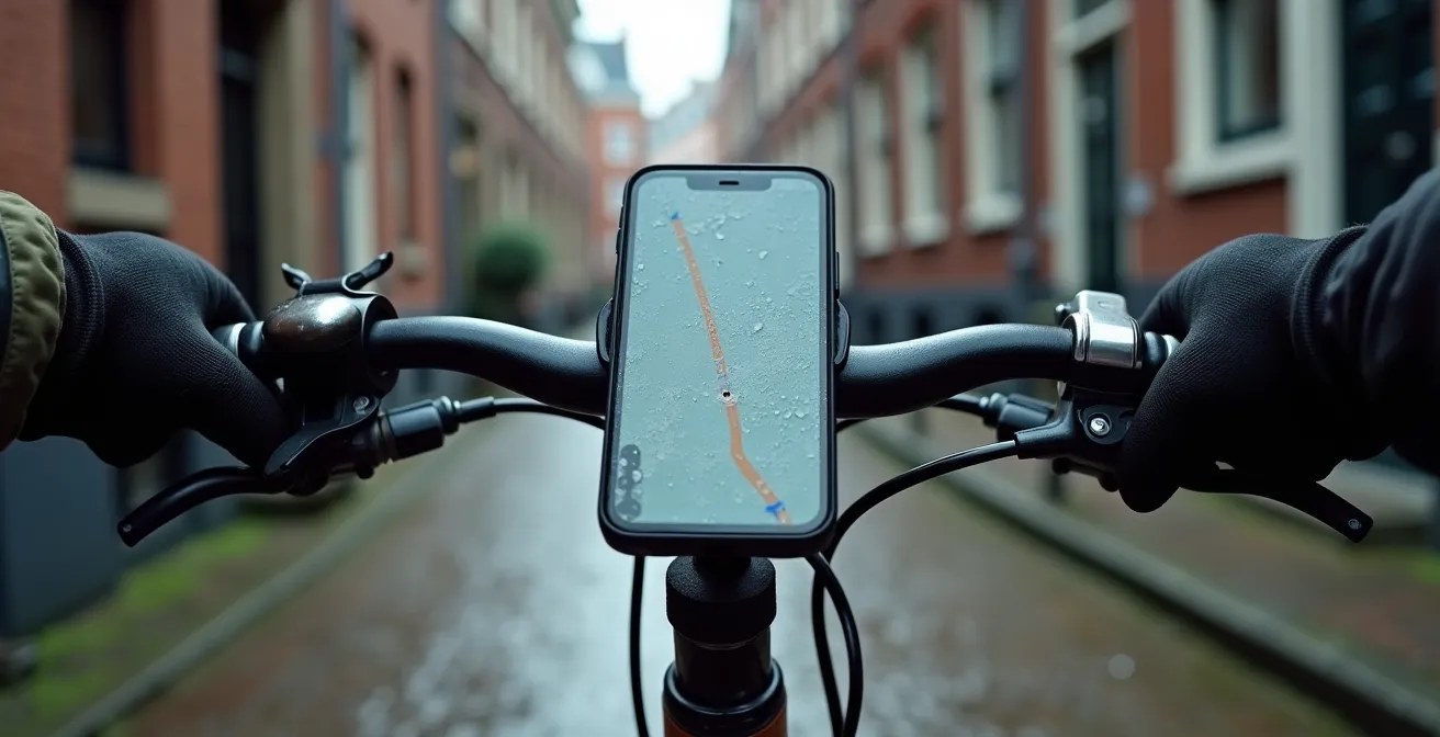 Close-up van fietskoerier stuur met smartphone navigatie door historische steeg