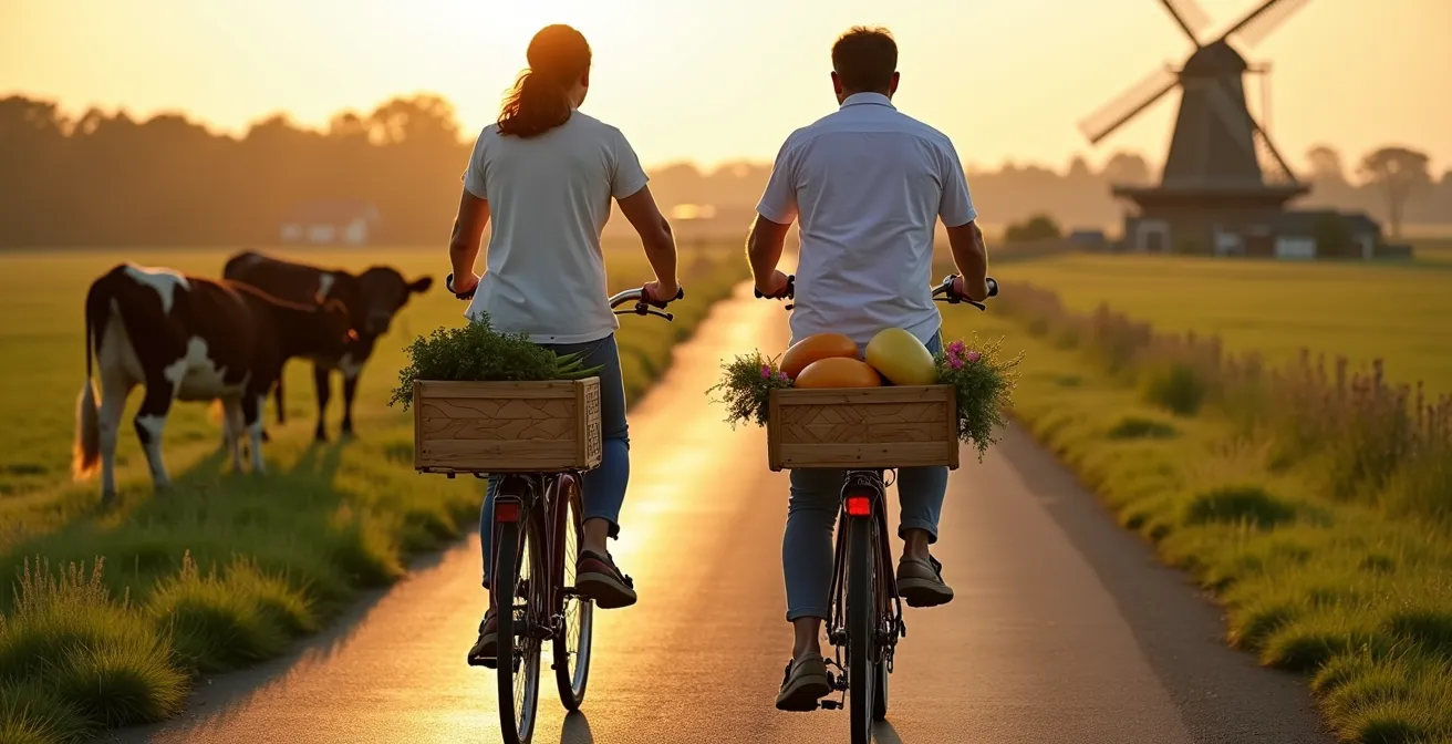 Fietsers op landweg tussen boerderijen in het Groene Hart met verse producten in fietstassen
