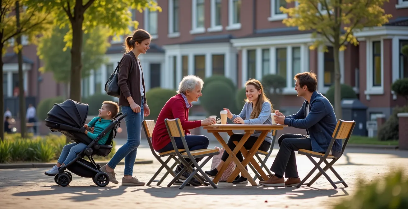 Verplaatsbare stoelen en tafels op een Nederlands plein met bewoners in gesprek