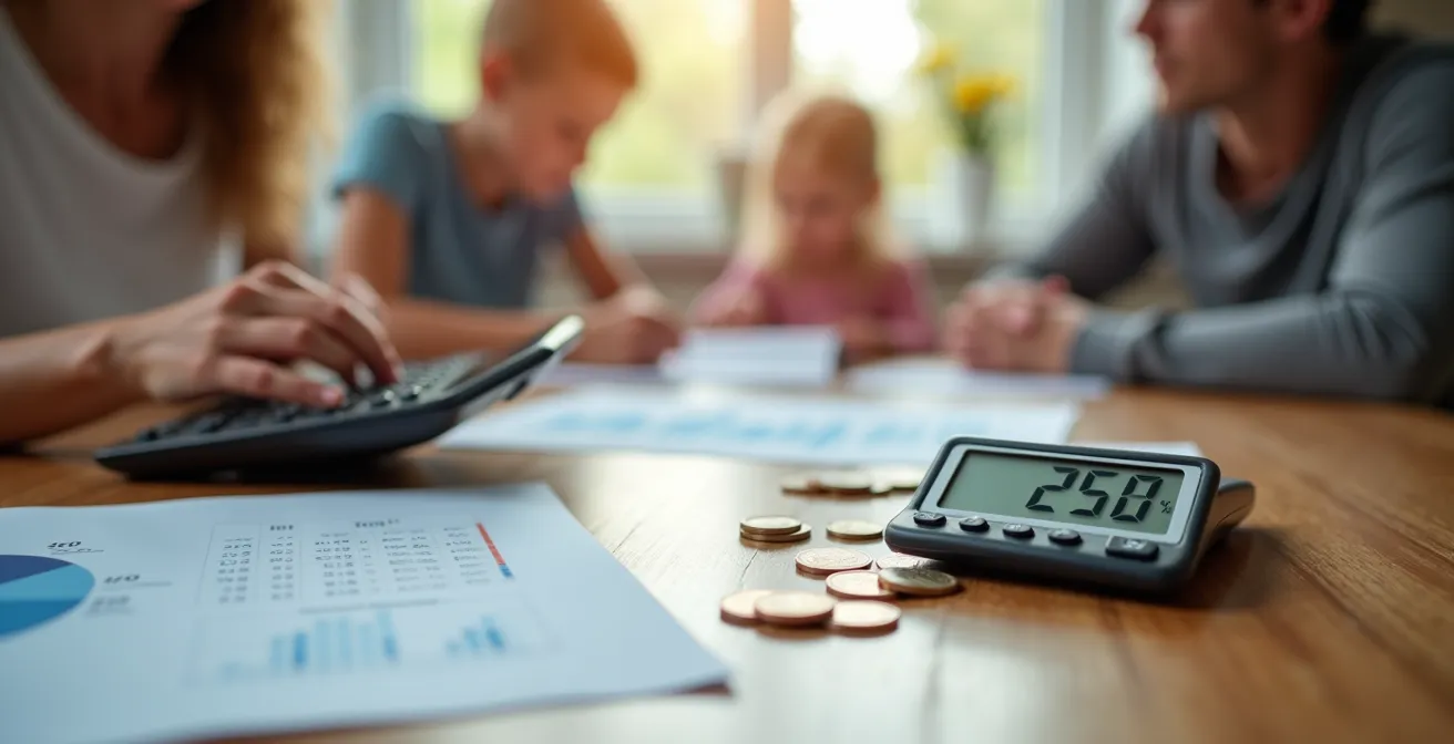 Gezin zit samen aan keukentafel met rekenmachine en mobiliteitsbudget overzicht