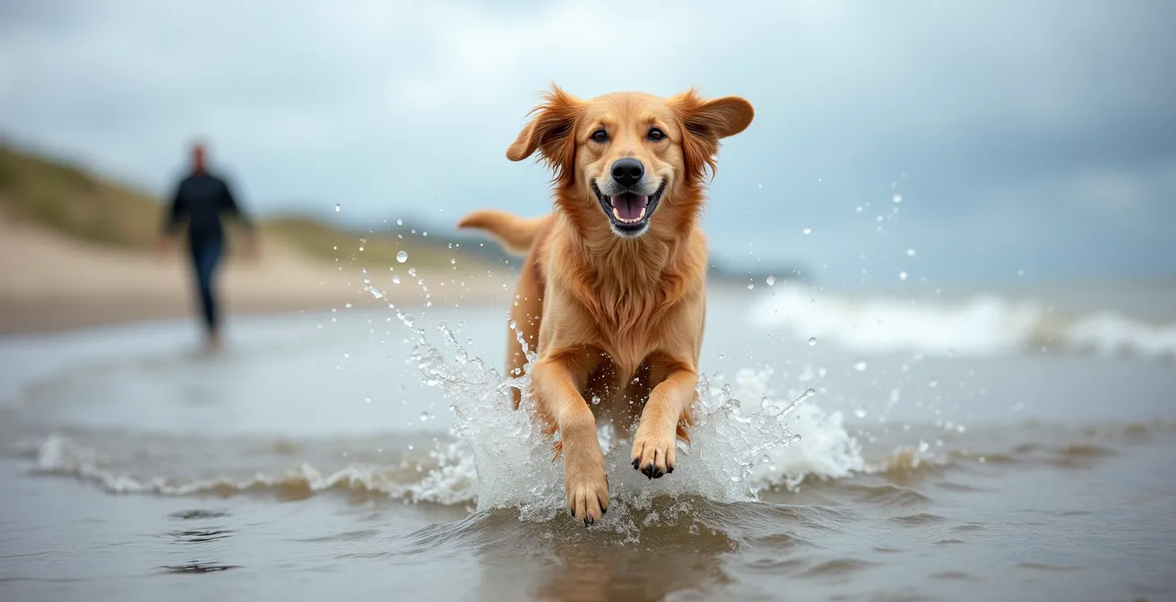 Hond speelt vrij in de branding van het Zeeuwse strand tijdens de herfst
