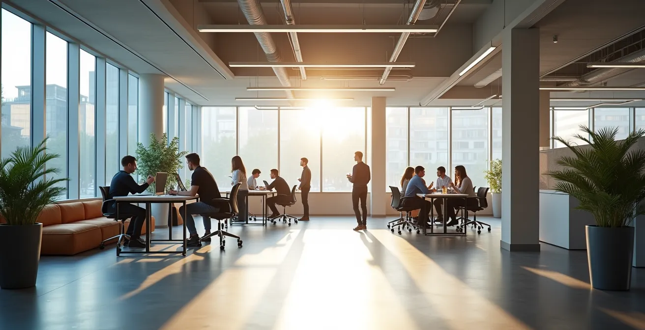 Overzicht van een modern Nederlands kantoor met flexwerkplekken waar collega's samenwerken