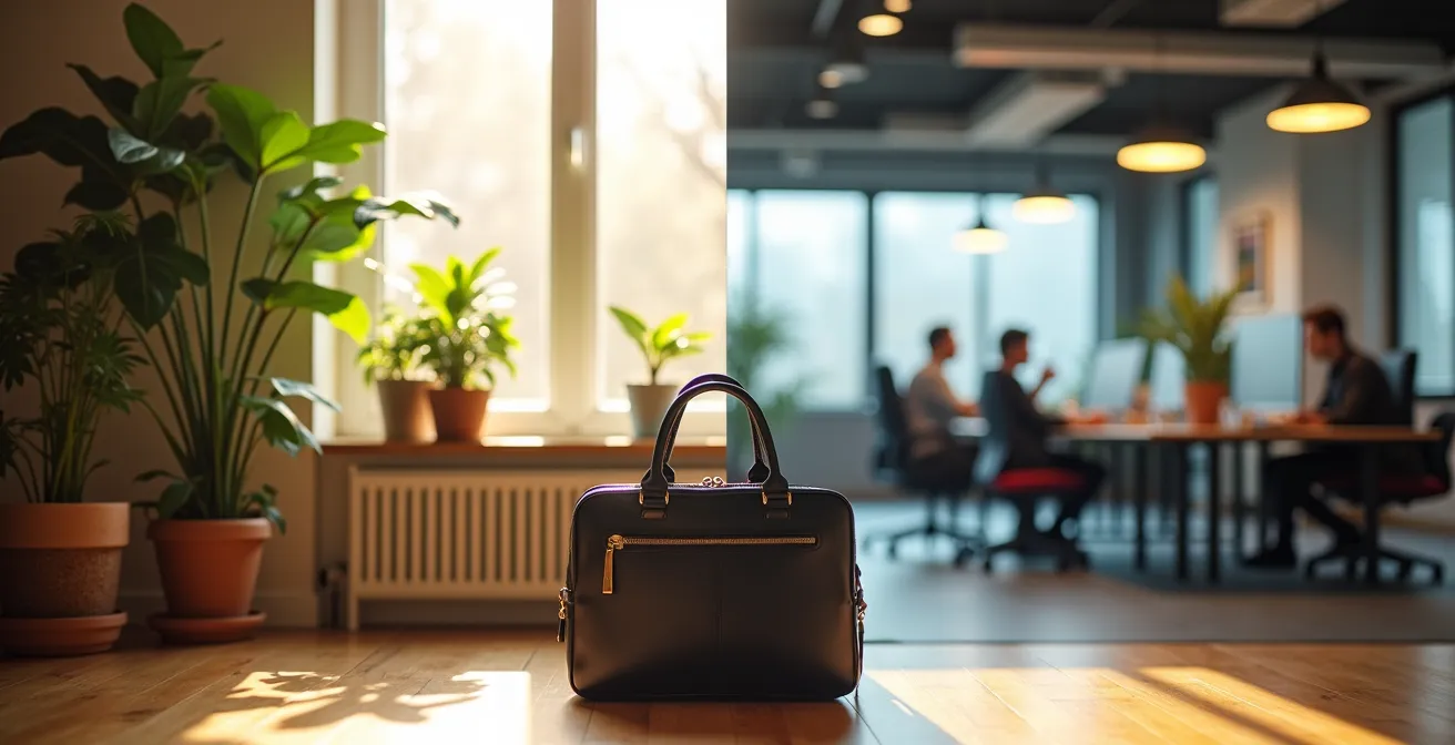 Thuiswerkplek en kantooromgeving in split-screen compositie toont flexibel werken