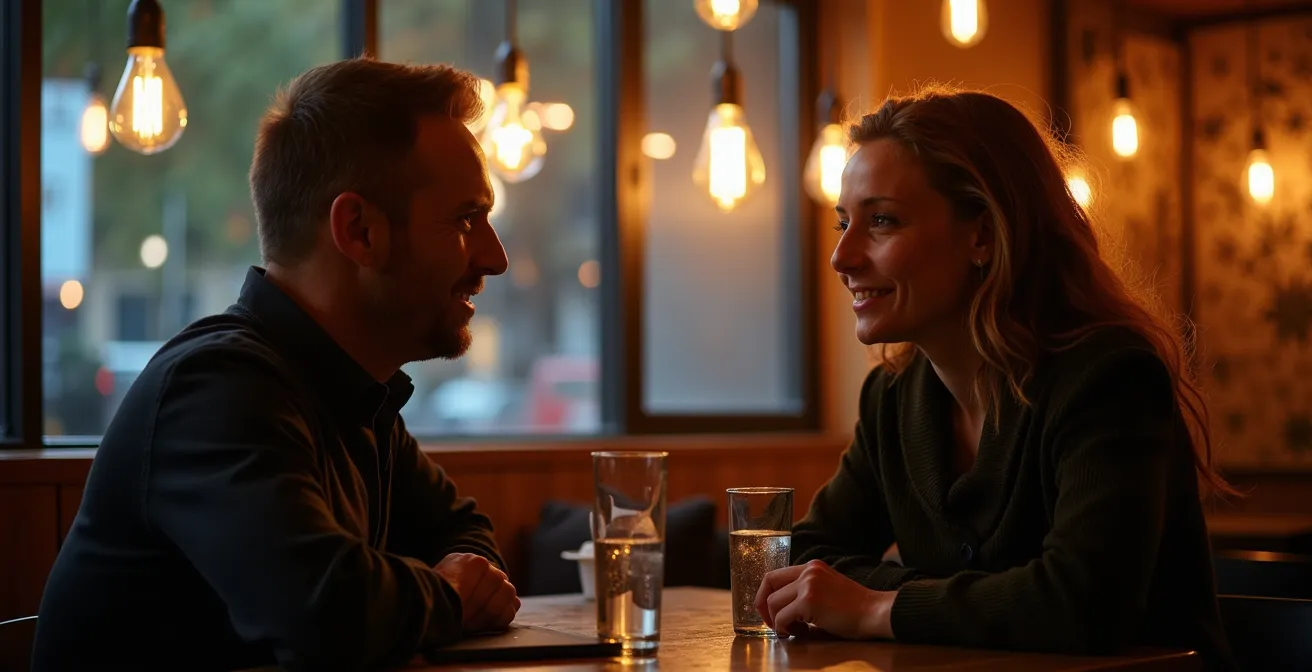 Introverte IT professional in rustige een-op-een netwerkinteractie met warme verlichting