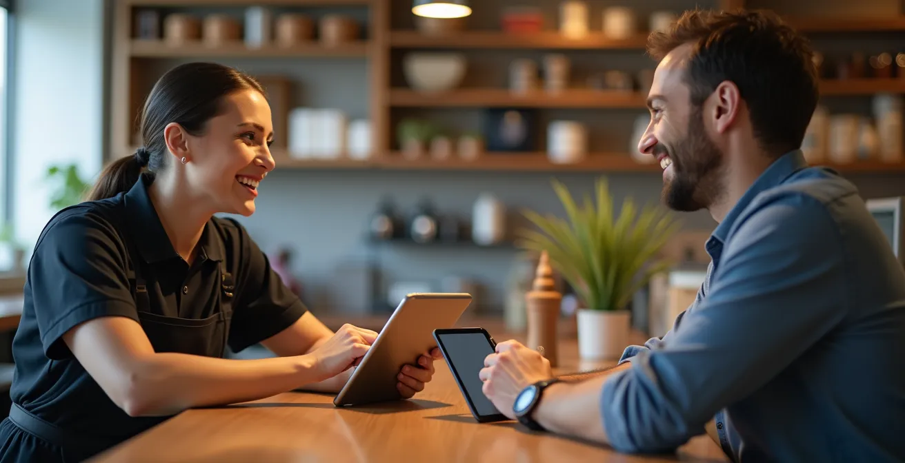 Medewerker in gesprek met klant waarbij digitale hulpmiddelen subtiel worden ingezet