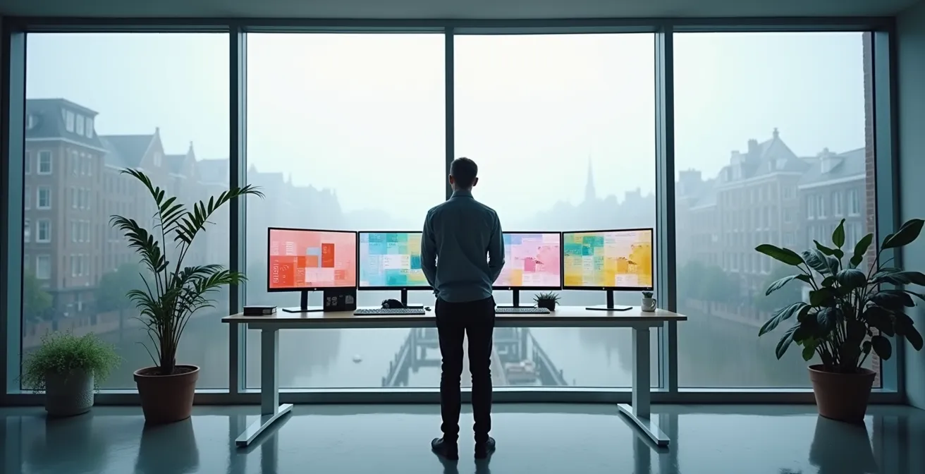 Minimalistisch kantoor met entrepreneur die marktdata analyseert op meerdere schermen