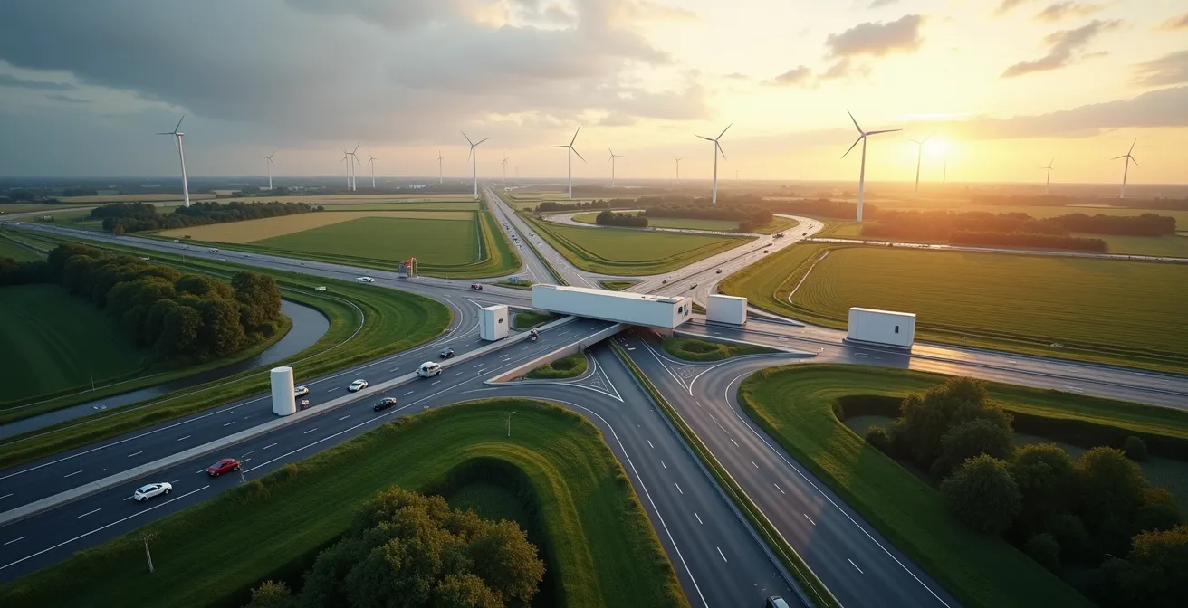 Abstracte visualisatie van het Nederlandse snellaadnetwerk langs belangrijke corridors