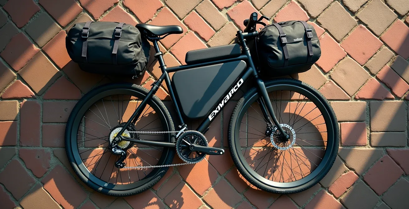 Bovenaanzicht van een volledig bepakte toerfiets met visuele gewichtsverdeling