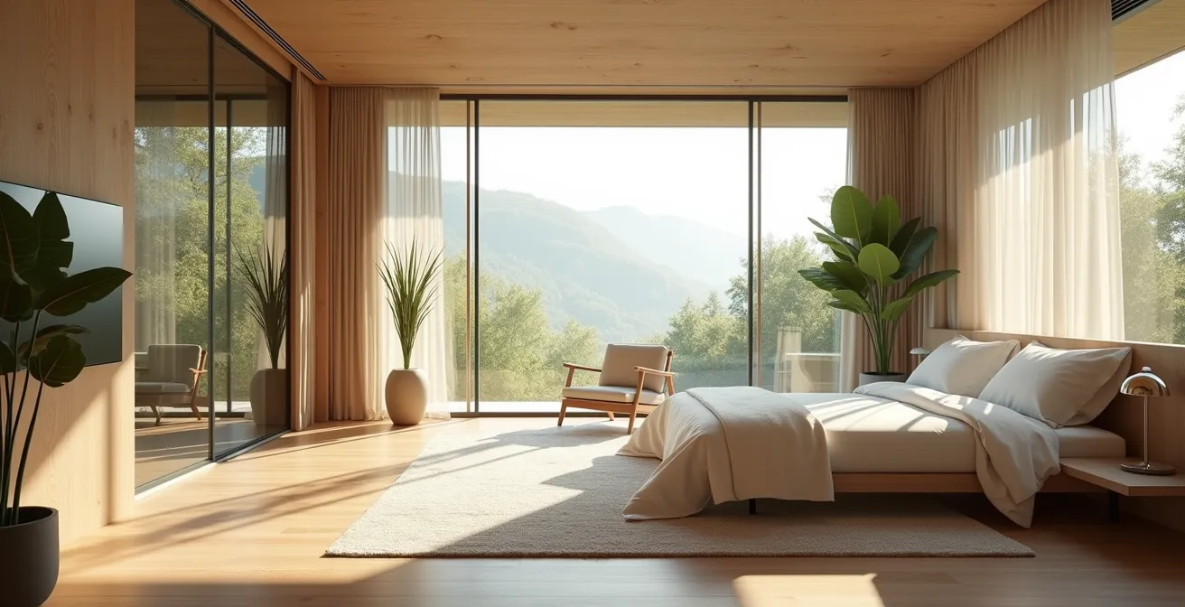 Modern hotelinterieur met natuurlijke ventilatie door grote open ramen en groene planten