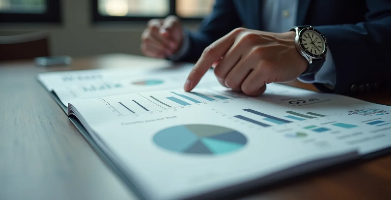 Close-up van professionele pitch deck slides op tafel tijdens investeerderspresentatie