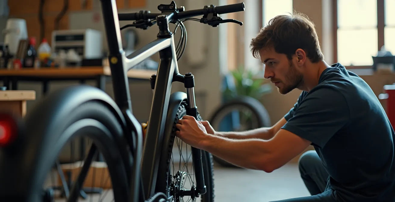 Fietsmonteur past zadelhoogte aan van elektrische vrachtfiets in werkplaats