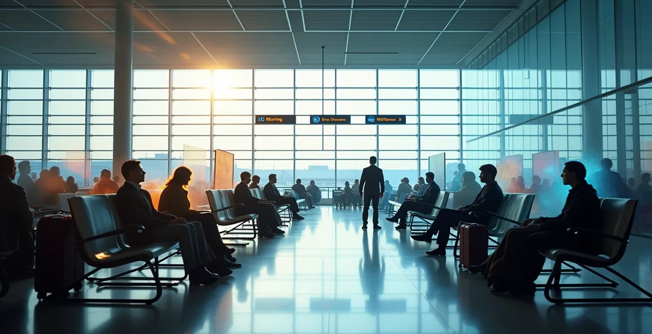 Drukke luchthaven terminal met abstracte digitale veiligheidsschermen