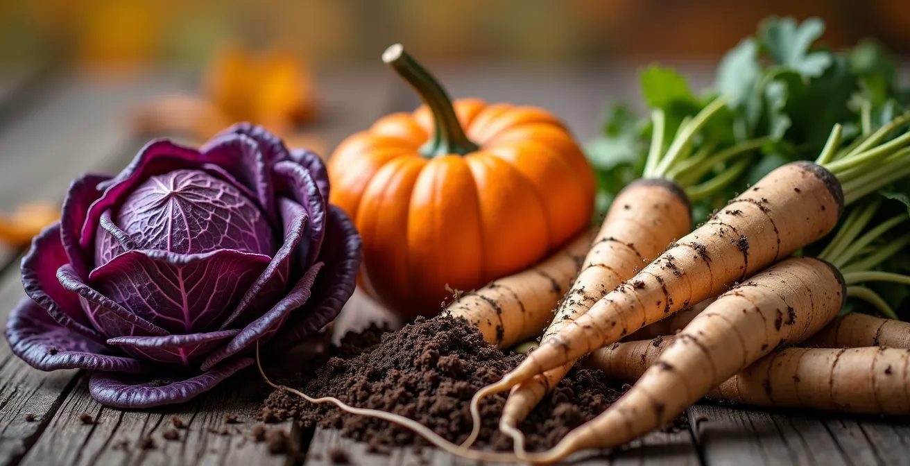 Kleurrijke herfstoogst met pompoenen, kolen en wortelgroenten op Nederlandse boerderij