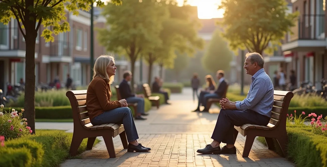 Modern Nederlands woonerf met slim geplaatst straatmeubilair voor sociale interactie