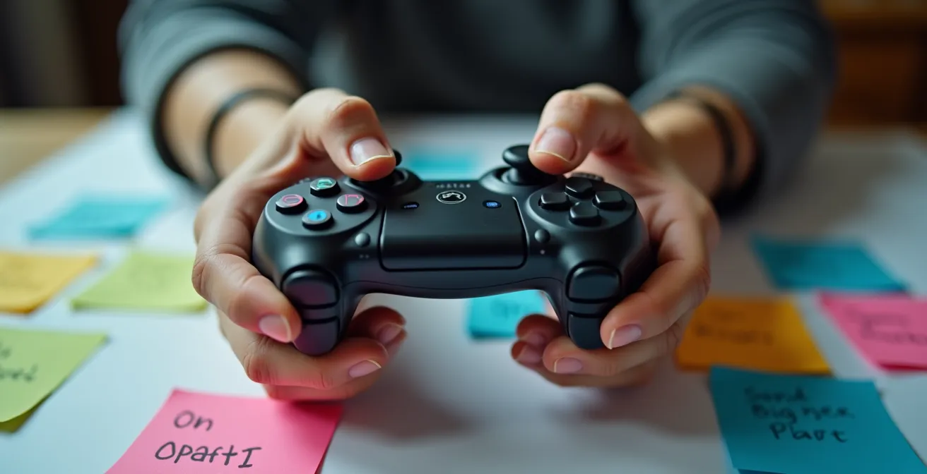 Close-up van tiener die geconcentreerd strategisch spel speelt met zichtbare planning notities