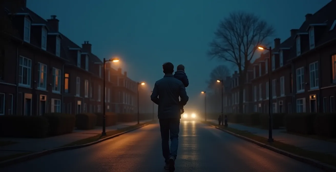 Vader draagt kind terwijl hij 's nachts naar verlichte deelauto loopt