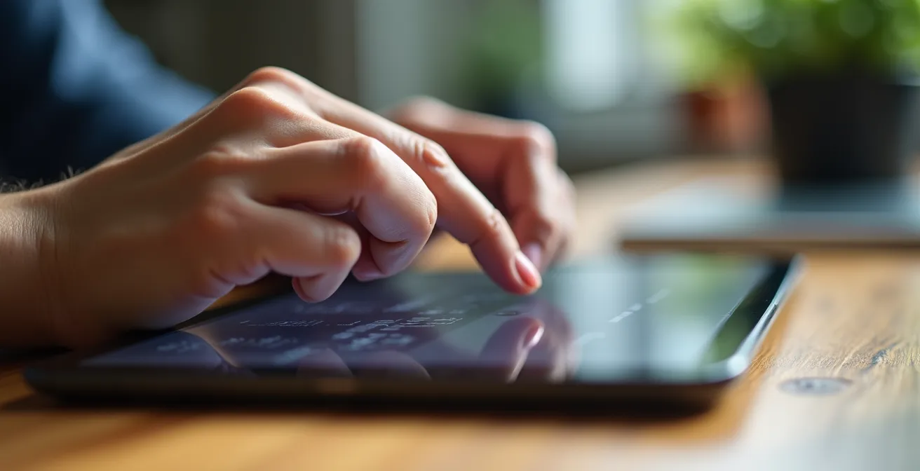 Close-up van handen die een besloten digitale groep instellen op een tablet