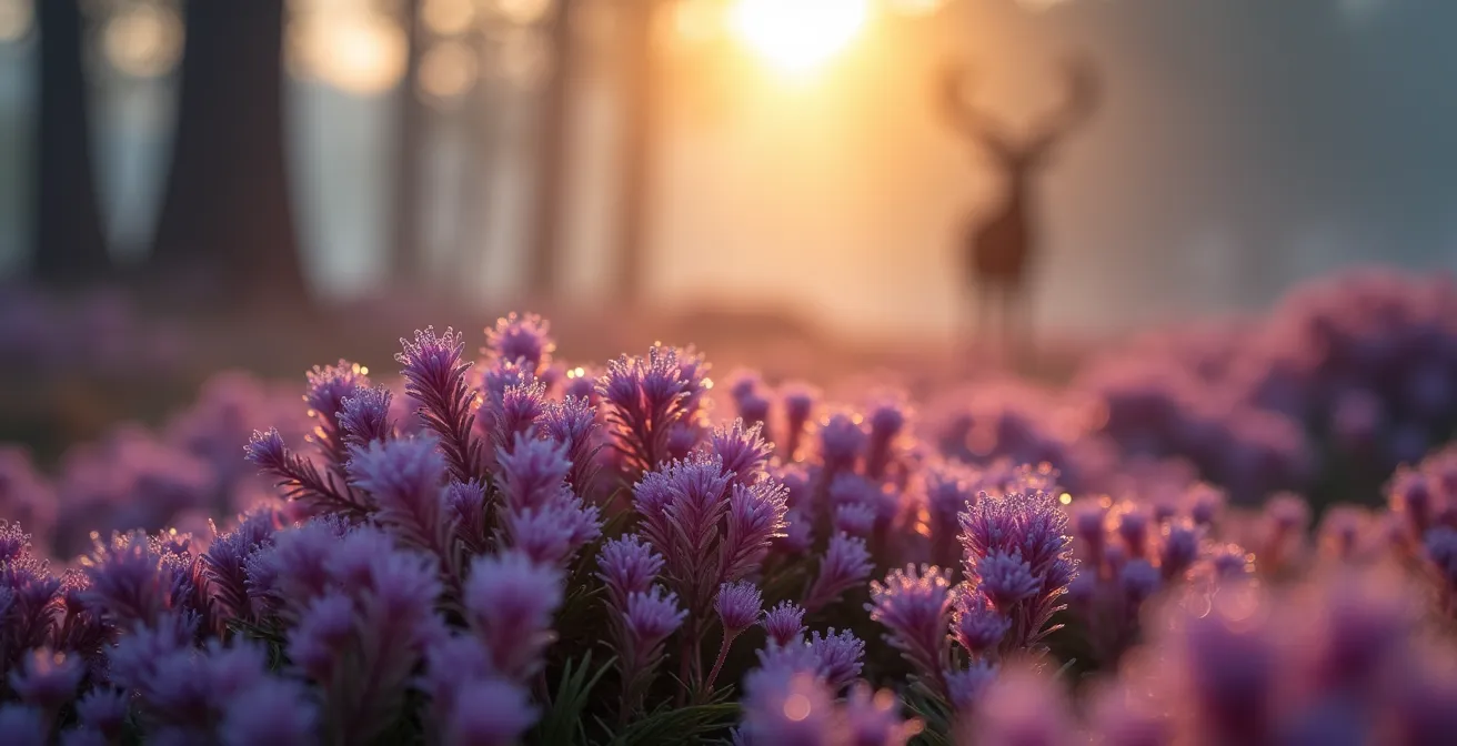 Mistige zonsopkomst over heidelandschap Veluwe met edelhert in silhouet