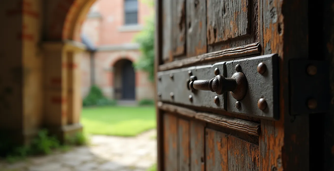 Smalle doorgang naar verborgen hofje met oude kloostermuren