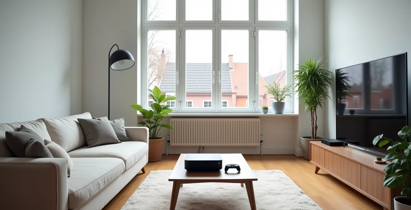 Nederlandse woonkamer met gaming console en cloud streaming setup naast elkaar