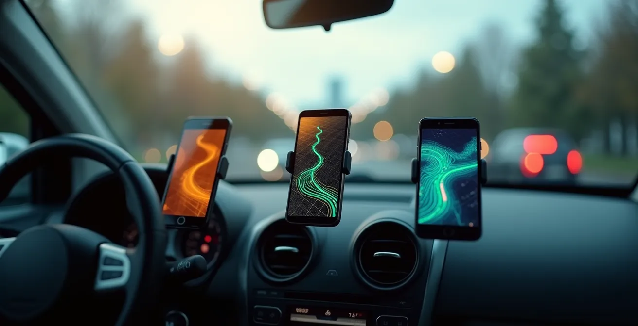 Drie smartphones met verschillende navigatie-apps in auto dashboard