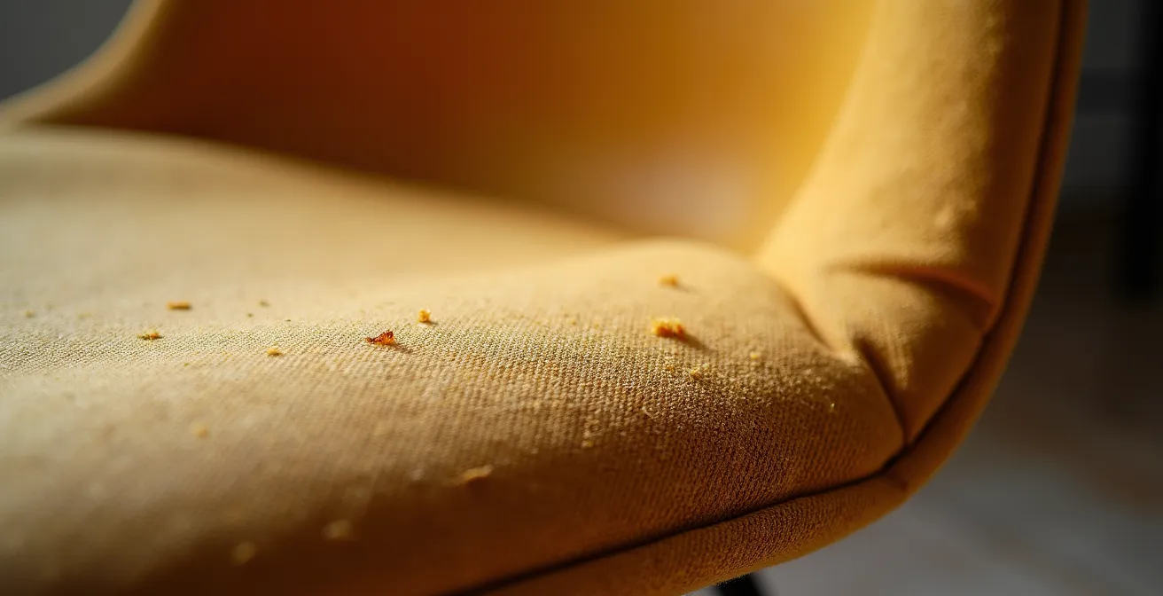 Close-up van originele patina op vintage Artifort stoel toont authentieke gebruikssporen