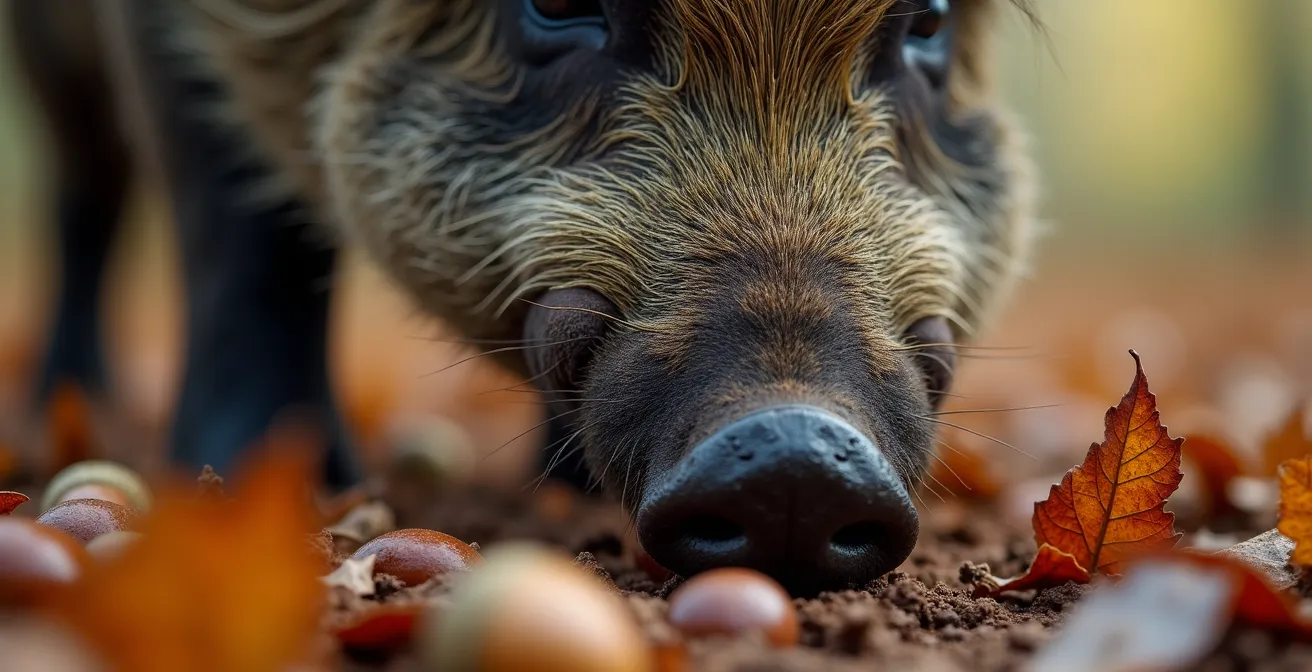 Wild zwijn foerageert natuurlijk in het bos zonder menselijke invloed