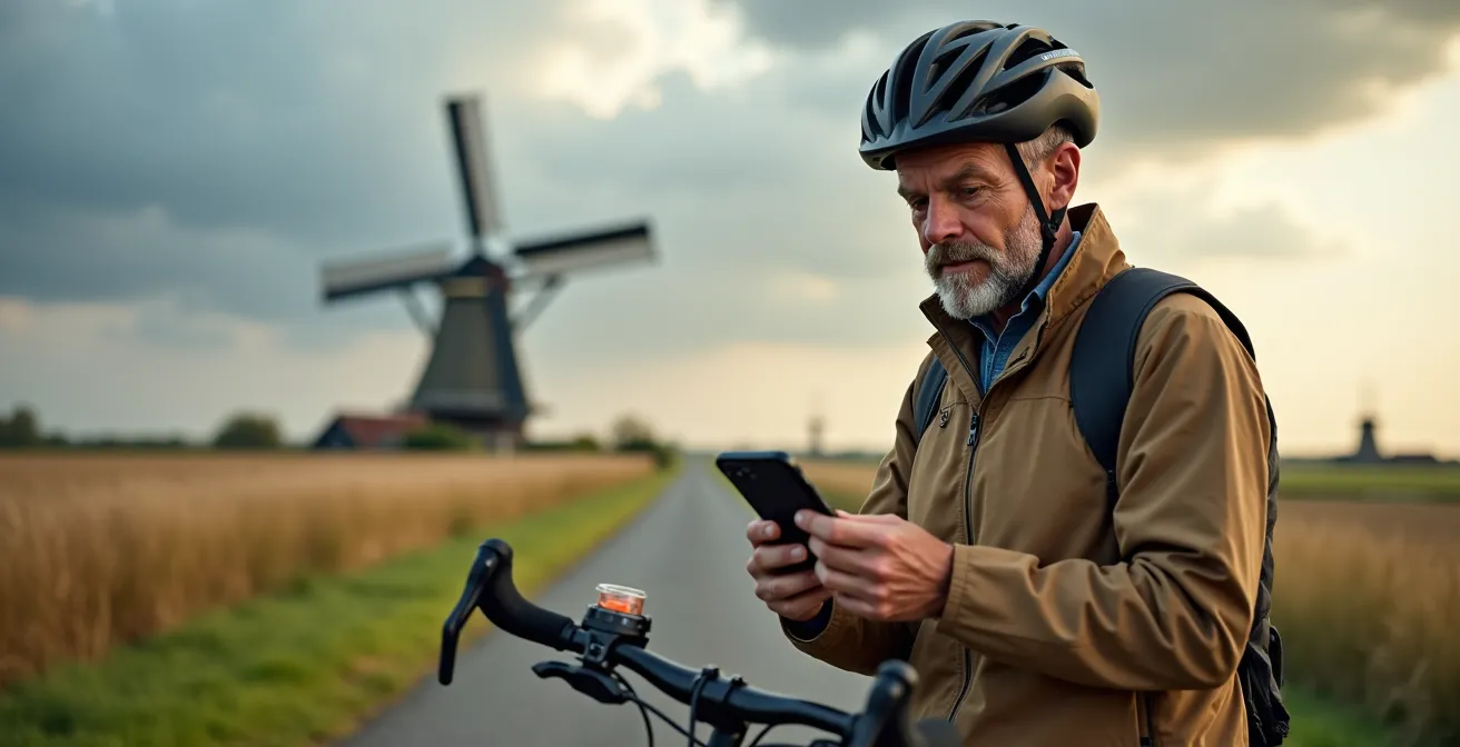 Fietser raadpleegt windkaart op smartphone tijdens pauze bij Nederlandse molen