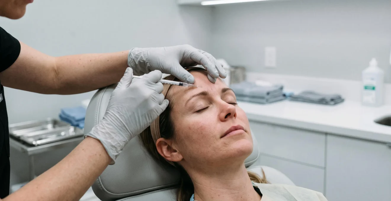 Gehandschoende handen brengen een botulinetoxine-injectie toe op het voorhoofd van een patiënte.